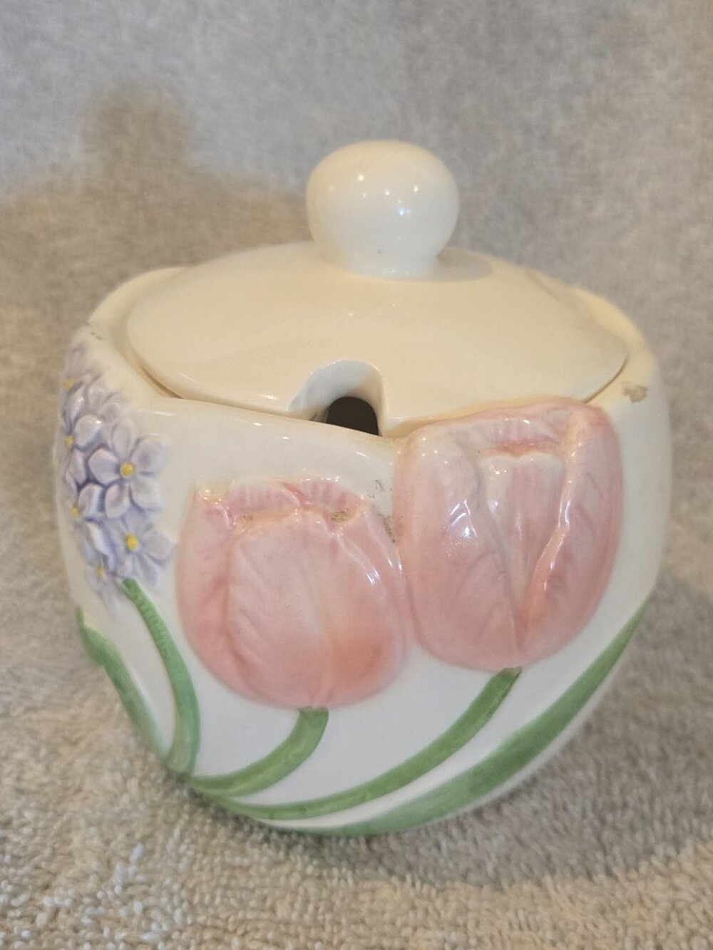 Mary Ann Baker Tulip Garden covered sugar bowl with floral relief
